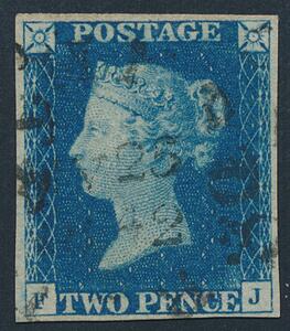 1840. Two Pence, blue. F-J. Obliterated by TOWN-CANCEL AV 25 1842. Good to large margins all around. A very RARE and attrative stamp. SG £ 4500