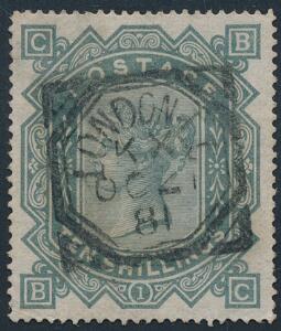 1867. Victoria. 10 sh. greenish grey. Wmk. Maltese Cross. Very fine used in LONDON OC 21 81. Minimal thin 1 mm. SG £ 2800