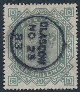 1883. Victoria. 10 sh. greenish grey. Wmk. Anchor. Blued paper. With a beautiful town-cancellation GLASCOW NO 23 83. Very fine. SG £ 4800