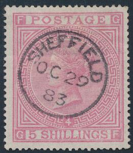 1882. Victoria. 5 Shilling, rose. Plate 4. Wmk. Anchor. White paper. With a perfect town-cancellation SHEFFIELD OC 29 83. Very fine. SG £ 3250