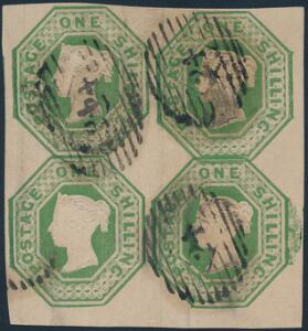 1847. Embossed Issue. 1 Shilling, green. USED BLOCK OF FOUR. A scarce and very fine block with full margin all around. Two minimal thins at upper left stamp 1-