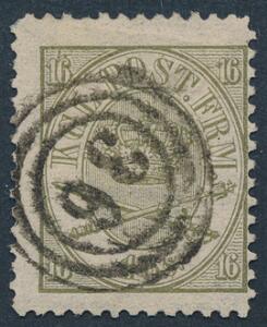 1864. 16 sk. 1870 linietakket 12 12. Sjældent mærke med fin takning og rent nr.stempel 36 KOLDING. AFA 11000. Attest Nielsen