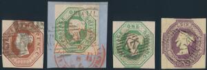 1847. Embossed Issue. 14 used stamps. 5 copies of 6 d. lilac, one copy of 10 d. brown and 8 copies 1 Shilling, green including pair. Some are cut into and some