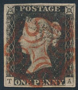 1840. One penny, black. T-A. A very fine copy, large margins all around and with perfect full strike of red Maltese Cross cancel. Superb.