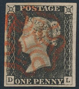 1840. One penny, black. D-L. A very fine copy, large margins all around and a beautiful nearly full strike of red Maltese Cross cancel.