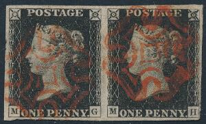 1840. One penny, black. M-G  M-H. A beautiful pair with fine to large margins and each stamp neatly cancelled by a red Maltese Cross cancel.