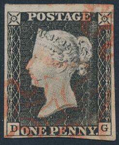 1840. One penny, black. D-G. On bleuté paper. Very fine, large margins and with red Maltese Cross cancel. SG £ 600