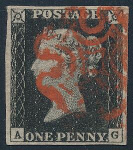 1840. One penny, black. A-G. A beautiful stamp with red Maltese Cross cancel. Large margins.