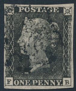 1840. One penny, grey-black. F-B. Worn plate. Very fine, large margins and black Maltese Cross cancel. SG £ 400