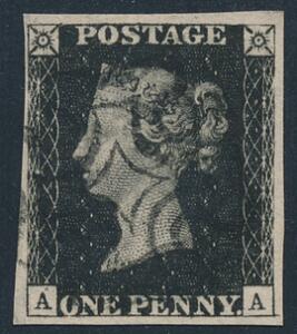 1840. One penny, black. A-A. Good to very large margins with a very fine strike of black Maltese Cross cancel.