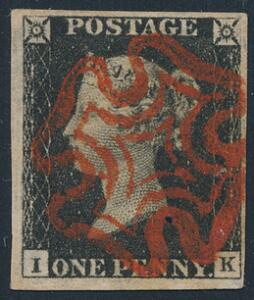 1840. One penny, black. I-K. Good to very large margins with a very fine strike of red Maltese Cross cancel. Very fine and attractive.