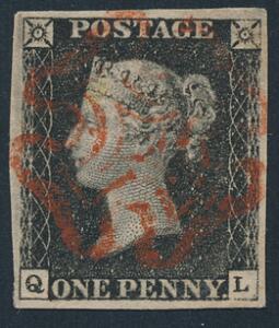 1840. One penny, black. Q-L. A beautiful stamp with full strike red Maltese Cross cancel. Large margins.