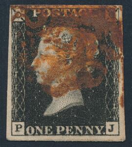 1840. One penny, black. P-J. Very fine, large to very large margins with red Maltese Cross cancel.