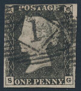 1840. One penny, black. NUMERAL-CANCEL 1. S-G. Full margins close at upper left. Crease at upper right corner and small scissors cut in margin at right