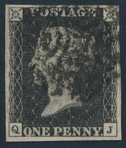 1840. One penny, black. Plate 10. Q-J. Good to very large margins with black Maltese Cross cancel. SG £ 700