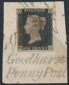 1840. One penny, black. M-D. On small piece with red Maltese Cross cancel and below line-cancel Goudhurst Penny Post.