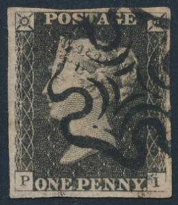 1840. One penny, black. P-I. Large to very large margins with fine strike of black Maltese Cross cancel.