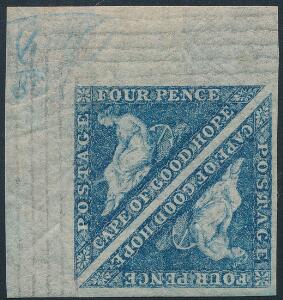 Cape of Good Hope. 1863. 4 d. steel-blue. A very fine unused pair with corner-margin. Full original gum, hinged. SG £ 4000