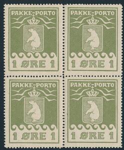 1905. 1 øre, olivengrøn. Pos.1-26-7. Smuk, velcentreret postfrisk 4-BLOK. AFA 48000. Attest Kaiser.