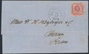 1866. 3 cents, karmin. Smukt og bredrandet mærke på brev fra ST. THOMAS 11.12.1868. En sjælden forsendelse og særdeles sjælden i denne smukke kvalitet Attest p