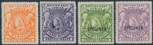 British East Africa. 1897. 2 and 3 Rupees  20 R. and 50 R. with SPECIMEN overprint. 4 fine unused high values. SG £ 615