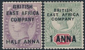 British East Africa. 1890. Half Anna1 d. lilla and 1 Anna2 d. greenred. 2 fine unused stamps, hinged with full gum. Both are signed. SG £ 750