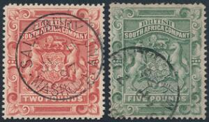 Rhodesia. British South Africa Company. 1892. 2 £. rose-red and 5 £. green. 2 fine used high values. SG £ 620