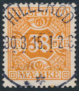 1914. 38 øre, orange. Vm.Kors. Tk.14 Et af de smukkeste eksisterende eksemplarer, vi har kendskab til af dette mærke. Annulleret med helt perfekt stempel HILLER