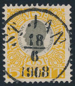 1905. Chr. IX. 50 Bit, gulgrå. Et fantastisk mærke, annulleret med helt retvendt stempel ST. JAN 18.6.1908. Attest Nielsen PRAGTEKSEMPLAR.