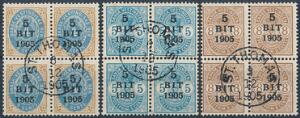 1905. Provisorier. Komplet sæt i smukt stemplede 4-BLOKKE, hvoraf 54 cent er med 3 RETTE og en OMVENDT RAMME. Alle med retvendt stempel ST. THOMAS 1905.