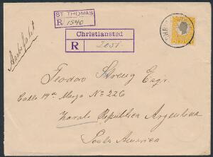 1905. Chr. IX. 50 Bit, gulgrå. Single frankering på smukt anbefalet brev sendt til ARGENTINA, annulleret CHRISTIANSTED 29.1.1912. Sjælden destination.