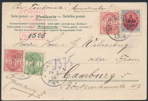 1902. 23 cents, blårød, 2 stk. 2 cents, rød samt 1 cent, grøn. I alt 7 cents frankering på ANBEFALET postkort sendt til Tyskland, annulleret ST. THOMAS 272.1