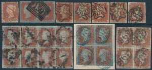 1841. One Penny, red. Old specialised collection on 7 albumpages with many better platings, scarce and rare cancellations and pairs, two blocks of 4,