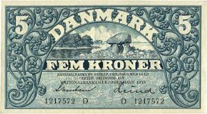 5 kr 1935 D, nr. 1217572, Svendsen  Lund, Sieg 101, DOP 118, Pick 25