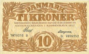 10 kr 1932 B, nr. 7076252, V. Lange  Neergaard, Sieg 104, DOP 119, Pick 26