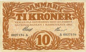 10 kr 1913 A, nr. 0027194, V. Lange  Olsen, Sieg 103, DOP 114, Pick 21