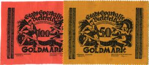 Germany, Bielefeld, 10, 10, 25, 25, 50 and 100 Goldmark Notgeld, velvet, Grab. 112a, b, 114a, b, 115c, 116a. 6