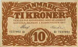 10 kr 1917 D, nr. 7237992, V. Lange  Hude, Sieg 103, DOP 114, Pick 21