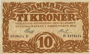 10 kr 1919 E, nr. 1179474, V. Lange  Recke, Sieg 103, DOP 114, Pick 21