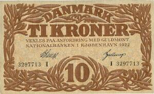 10 kr 1922 I, nr. 3297713, V. Lange  Gellerup, Sieg 103, DOP 114, Pick 21