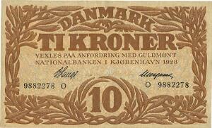 10 kr 1928 O, nr. 9882278, V. Lange  Neergaard, Sieg 103, DOP 114, Pick 21