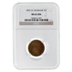 2 øre 1892 CS, H 18A, slabbed and graded MS 65 BN by NGC