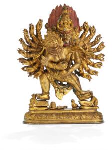 Yamantaka vred mangearmet guddom af forgyldt og delvist bemalet bronze. Sino-Tibet 19 årh. H. 17 cm.