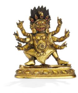 Vred guddom Hayagriva af forgyldt og delvist bemalet bronze. Sino-Tibet 19 årh. H. 16 cm.