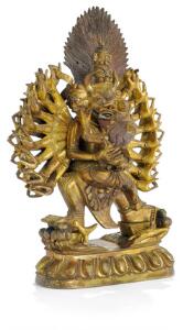Yamantaka vred mangearmet guddom af forgyldt og delvist bemalet bronze. Sino-Tibet 19 årh. H. 23 cm.