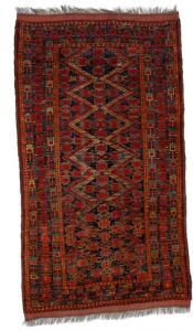 Antikt Beshir tæppe, Turkmenien. Gentagelsesmønster med stiliserede blomster. 19. årh. 260 x 147.