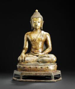 Thai buddha af delvis forgyldt bronze. 1617. årh. eller senere. H. 70 cm.