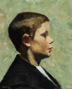 Marie Krøyer Profilportæt af en lille dreng i sort jakke.