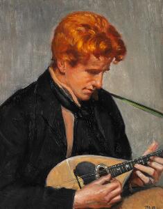Michael Ancher Portræt af journalisten Steen Drewsen, der spiller mandolin. Ca. 1900.