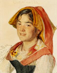 P. S. Krøyer En smilende italienerinde med orange og rød hovedbeklædning.